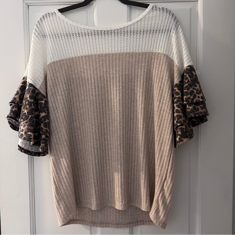 Leopard Sleeve Beige Women's Top